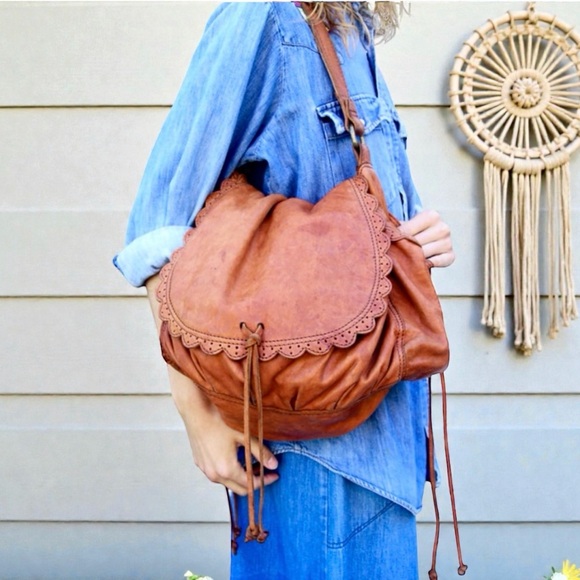 Lucky Brand Distressed Lamb Leather Hobo Bag Brown Boho Scallop Trim Fringe Vntg - Picture 8 of 16